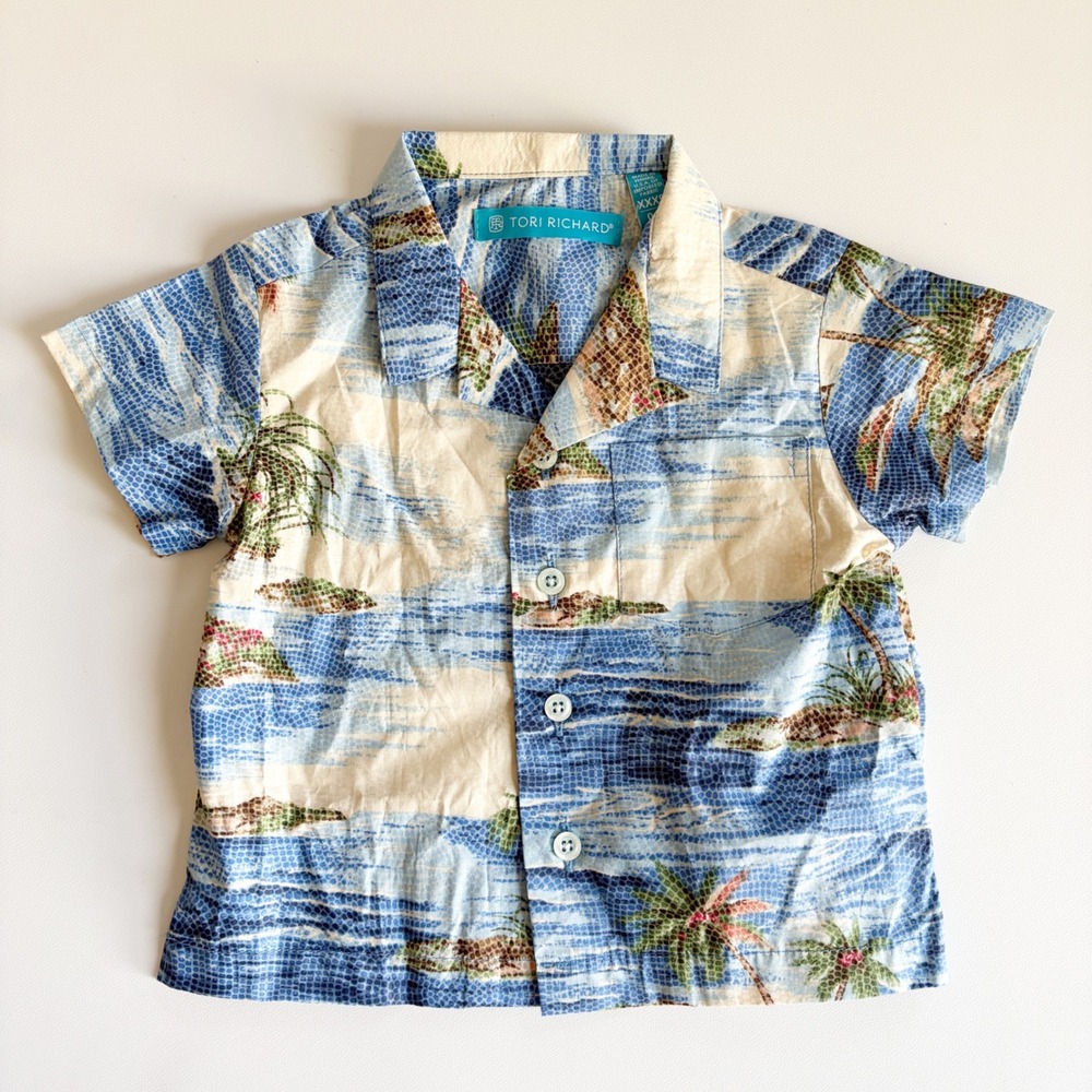 Tori Richard Kids Blue Tropical Mosaic Island Aloha Button Down Shirt XXXS 0-1‎